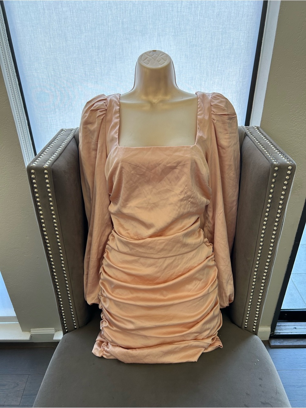 Oh Polly Ruched Puffed Sleeved Blush Satin Mini Dress